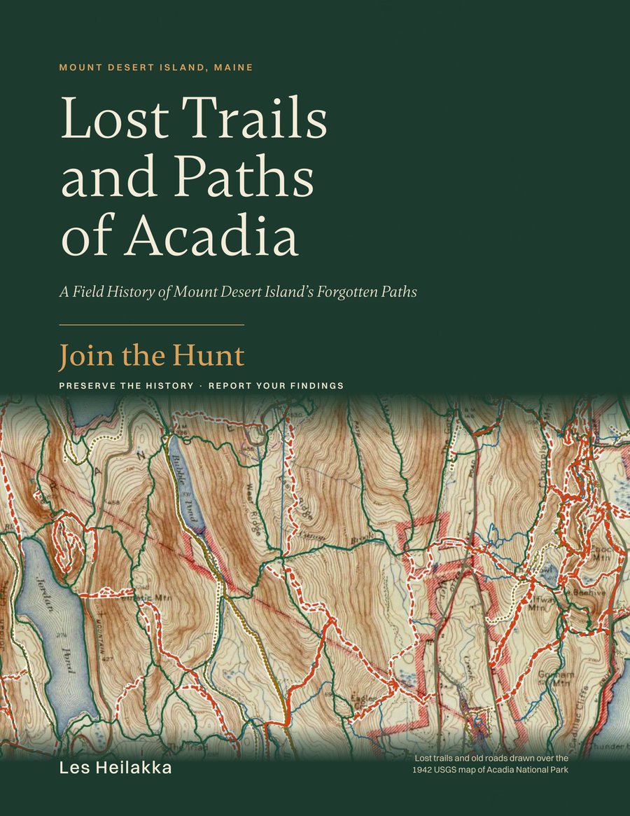 Cover of Lost Trails and Paths of Acadia: Join the Hunt, by Les Heilakka, showing lost trails drawn in red over the 1942 USGS map