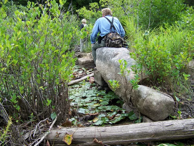 A hiker with a backpack walks along a huge rounded granite stone at the side of the bridge