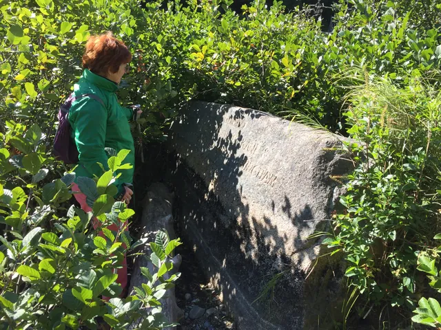 A hiker in a green jacket stands beside the lettered boulder in thick brush