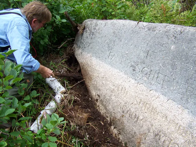 A hiker kneels beside the tilted inscription boulder, brushing debris away from its base