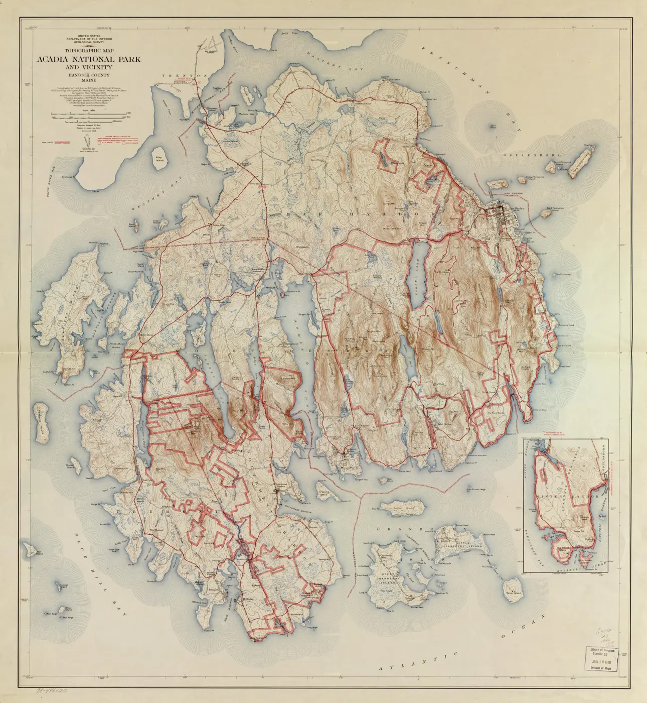 The full 1942 USGS Topographic Map of Acadia National Park and Vicinity, Mount Desert Island