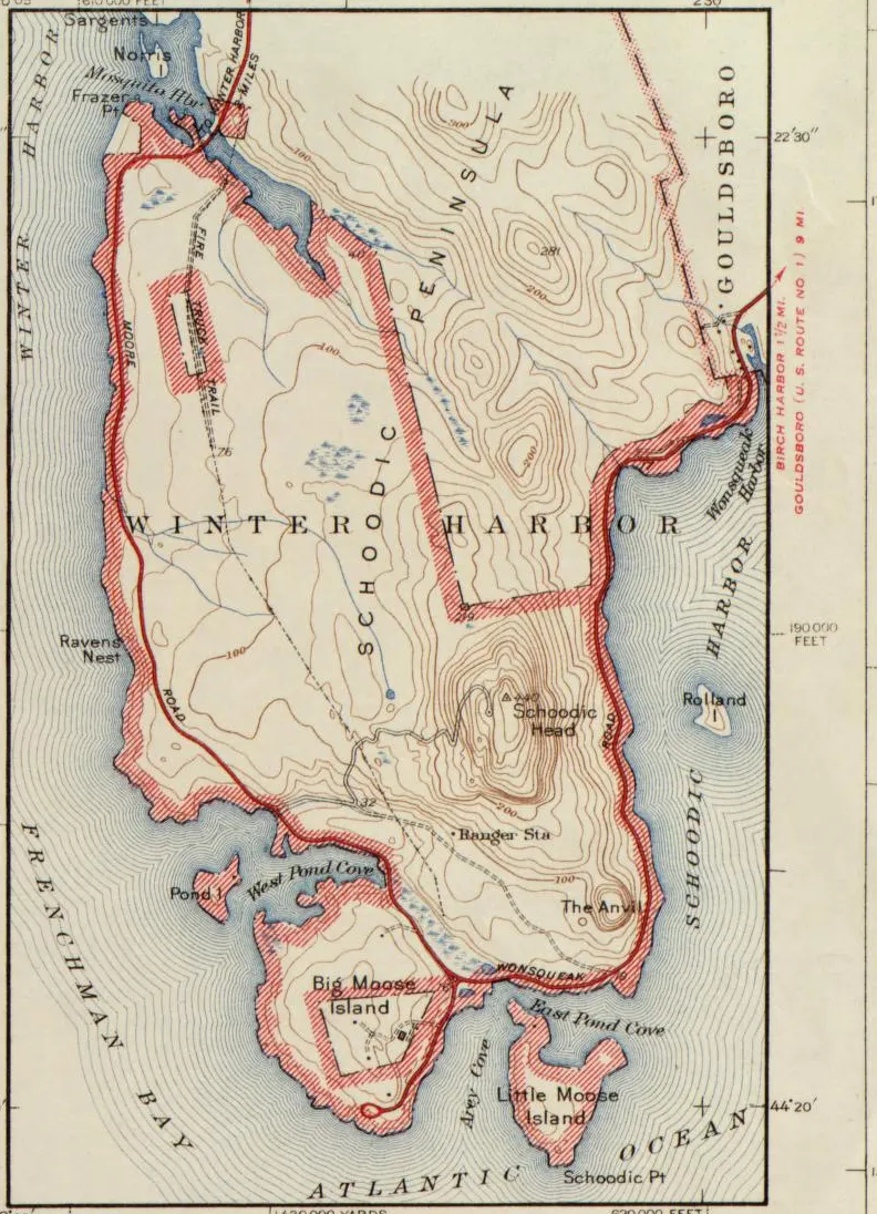 Inset of the Schoodic Peninsula and Winter Harbor from the 1942 map