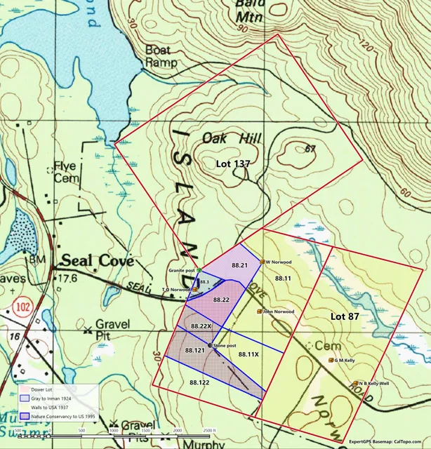 Topographic map with Lots 87, 88 and 137 outlined in red, the parts of Lot 88 shaded by how they came to the park, and the Norwood and Kelley house sites marked