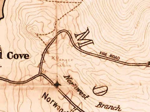 Detail of an old park map with the words Ranger Cabin and an x just north of Seal Cove Road, near the label Norwood and the Northwest Branch