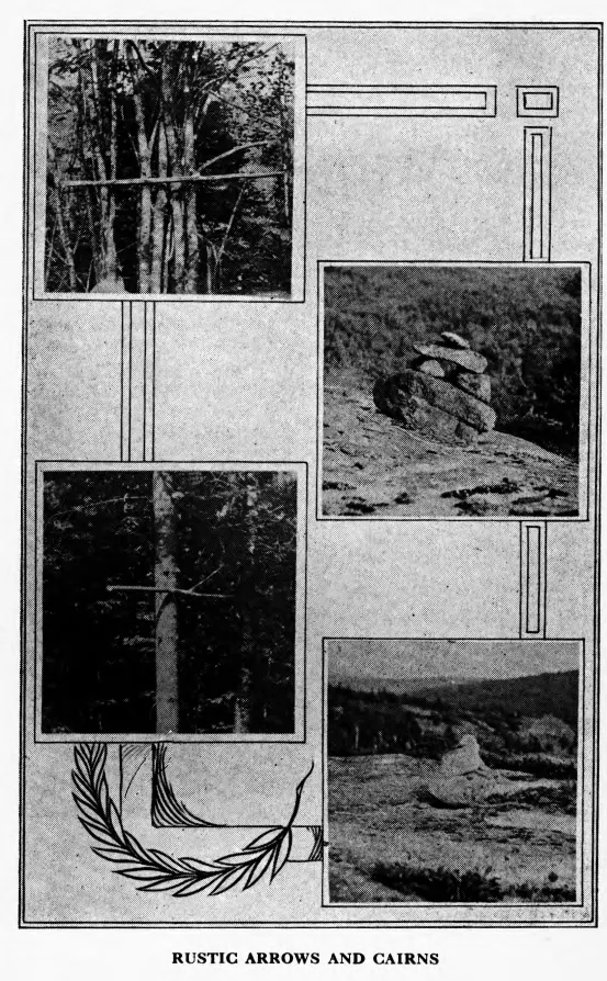 Plate from the 1915 guide: four photographs of rustic arrows cut from bushes and stone cairns on open ledges