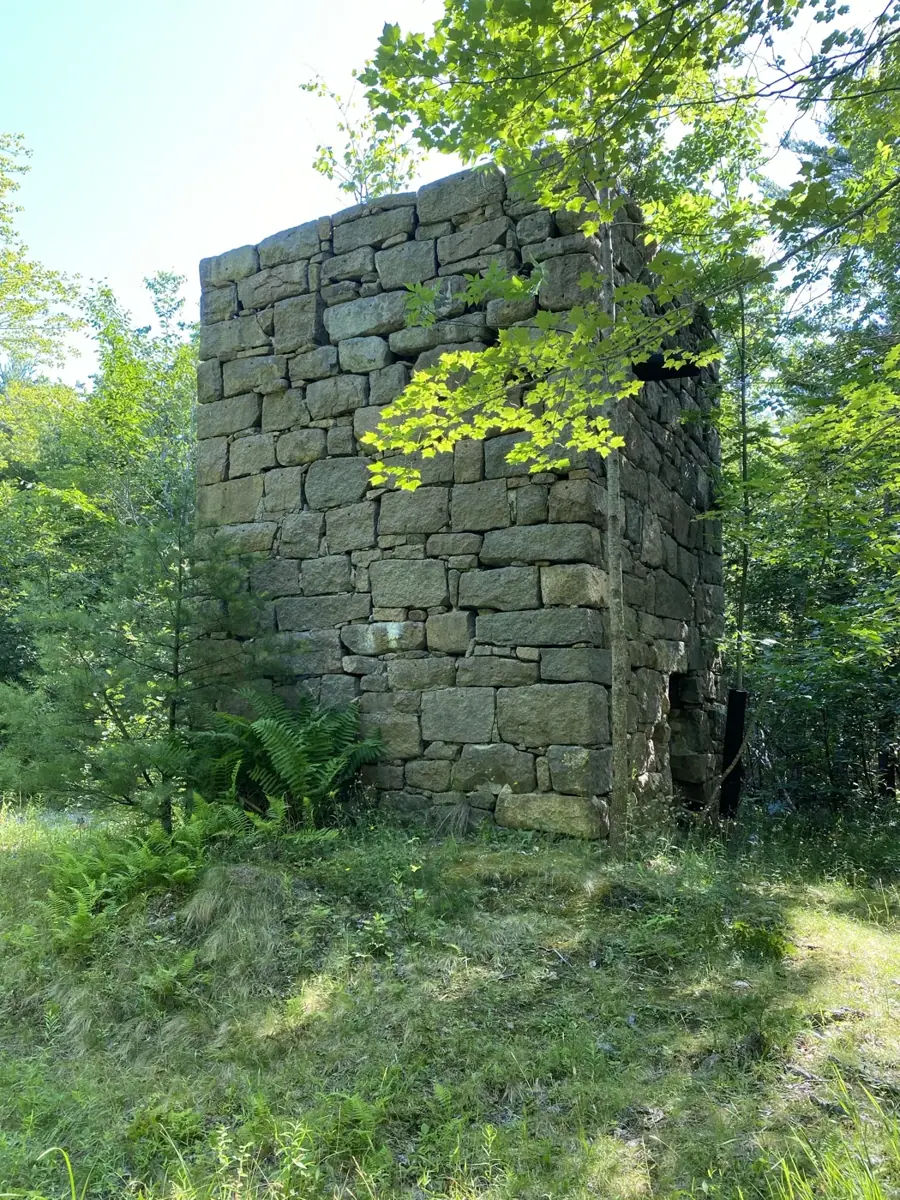 Square tower of fitted granite blocks in a sunny clearing among young trees