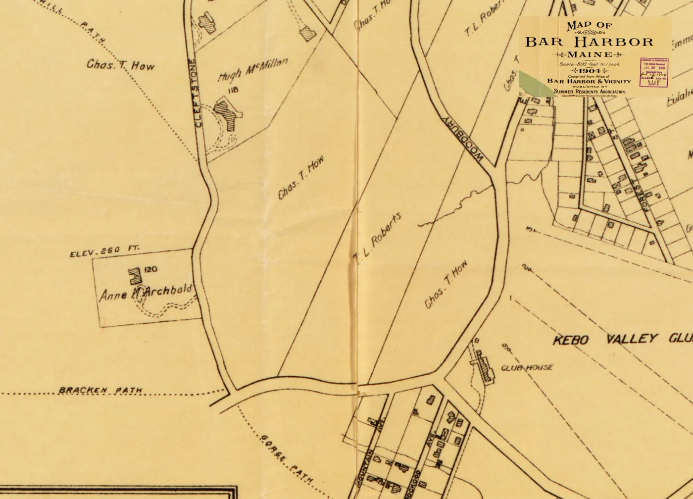 1904 map of Bar Harbor showing Cleftstone Road, the Anne M. Archbold lot at elevation 260 feet, Charles T. How's land and the Bracken Path