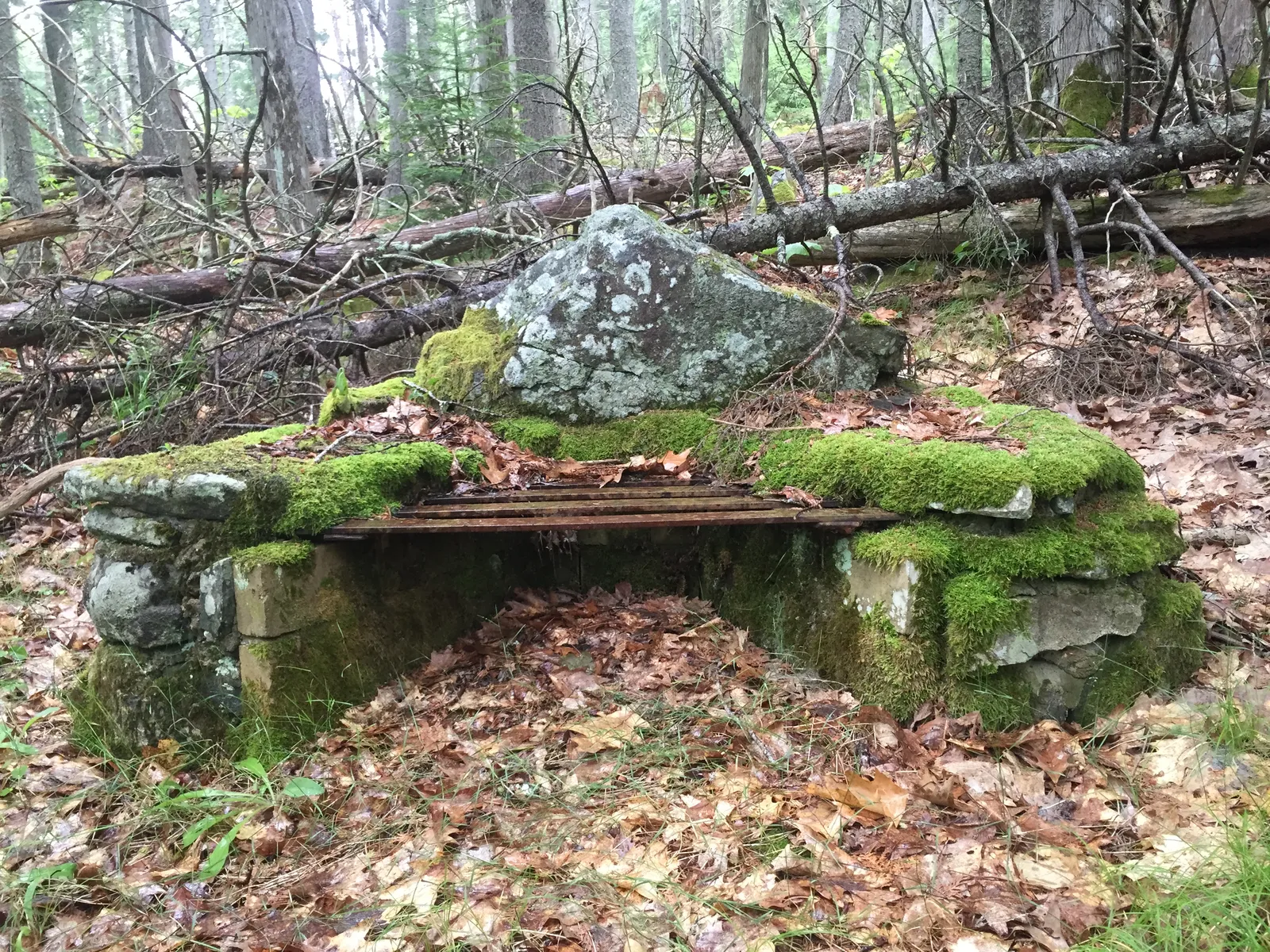 A CCC fireplace of mossy granite blocks with a rusted iron grate, a tall stone set at the back as a windbreak