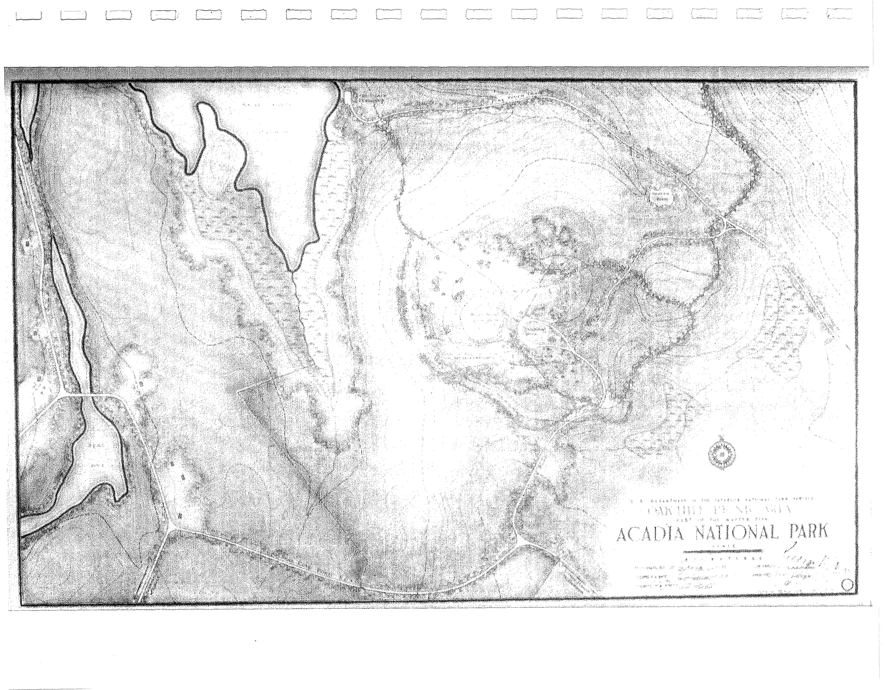 Black and white 1941 plan of the Oak Hill Picnic Area southeast of Seal Cove Pond, with the entrance road, parking loop and trails