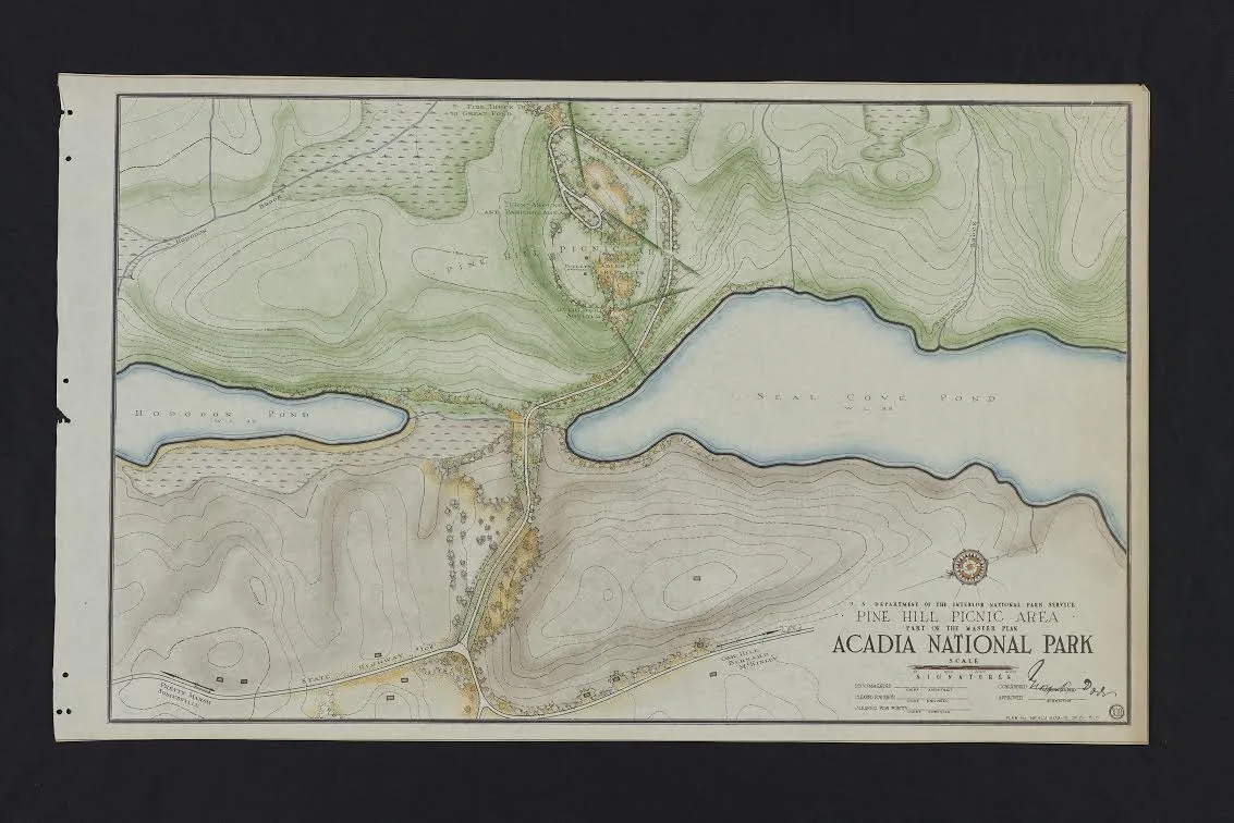 Hand-coloured 1941 plan of the Pine Hill Picnic Area, showing the loop road and picnic grounds on a hill between Hodgdon Pond and Seal Cove Pond