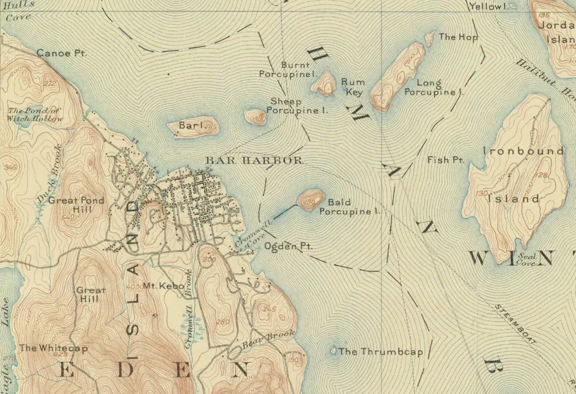 Detail of the 1904 USGS map showing Bar Harbor village, Bar Island, the Porcupine Islands and Frenchman Bay