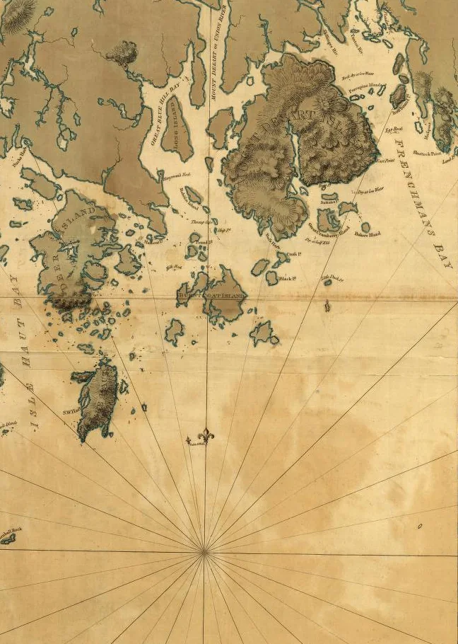 Detail of a 1776 British sea chart showing Mount Desert Island, Frenchman's Bay, Swans Island and the islands of the outer bay, with rhumb lines radiating from a compass point