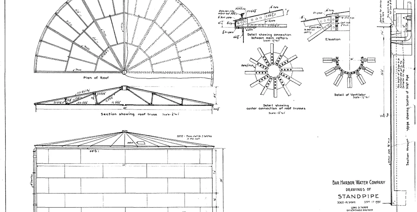 Engineering drawing of a round iron standpipe with its roof trusses, dated 17 September 1935
