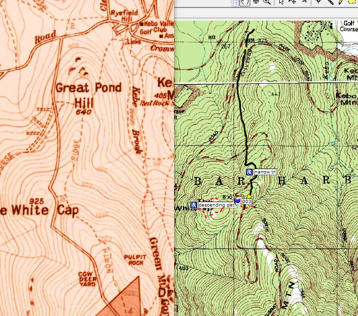 Old topographic map showing Great Pond Hill, the White Cap and the road up Green Mountain